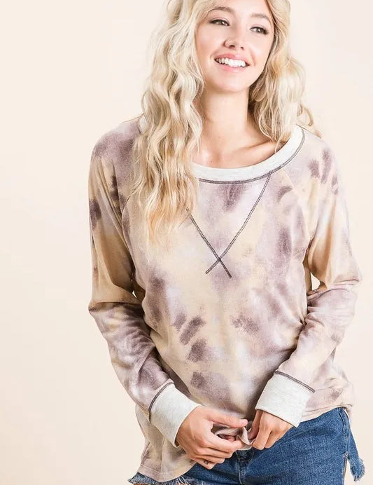 BiBi Tie Dye Terry Pull Over With Contrast Stitching on Simply Obsessed