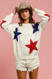 BiBi Velvet Sequin Star Patches Sweater Top on Simply Obsessed
