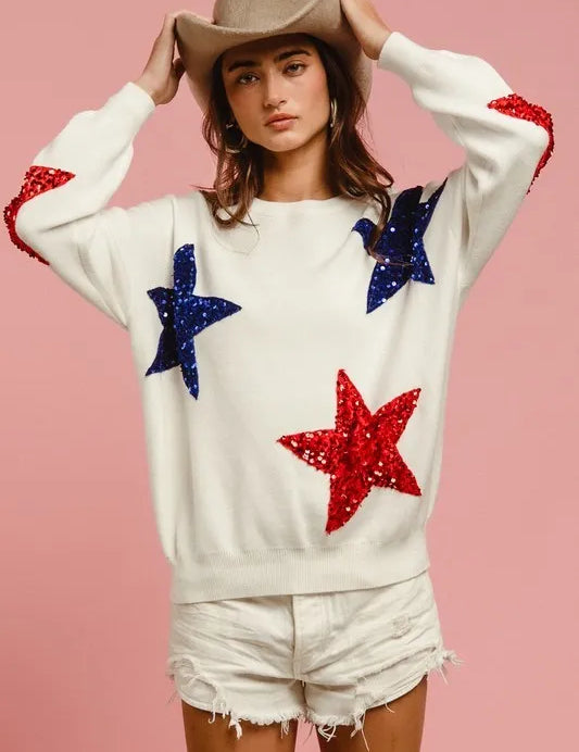 BiBi Velvet Sequin Star Patches Sweater Top on Simply Obsessed