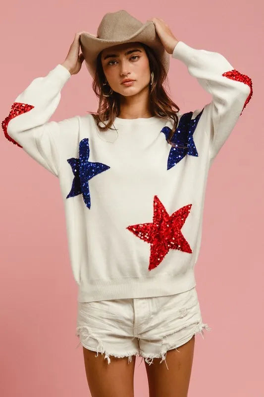 BiBi Velvet Sequin Star Patches Sweater Top on Simply Obsessed