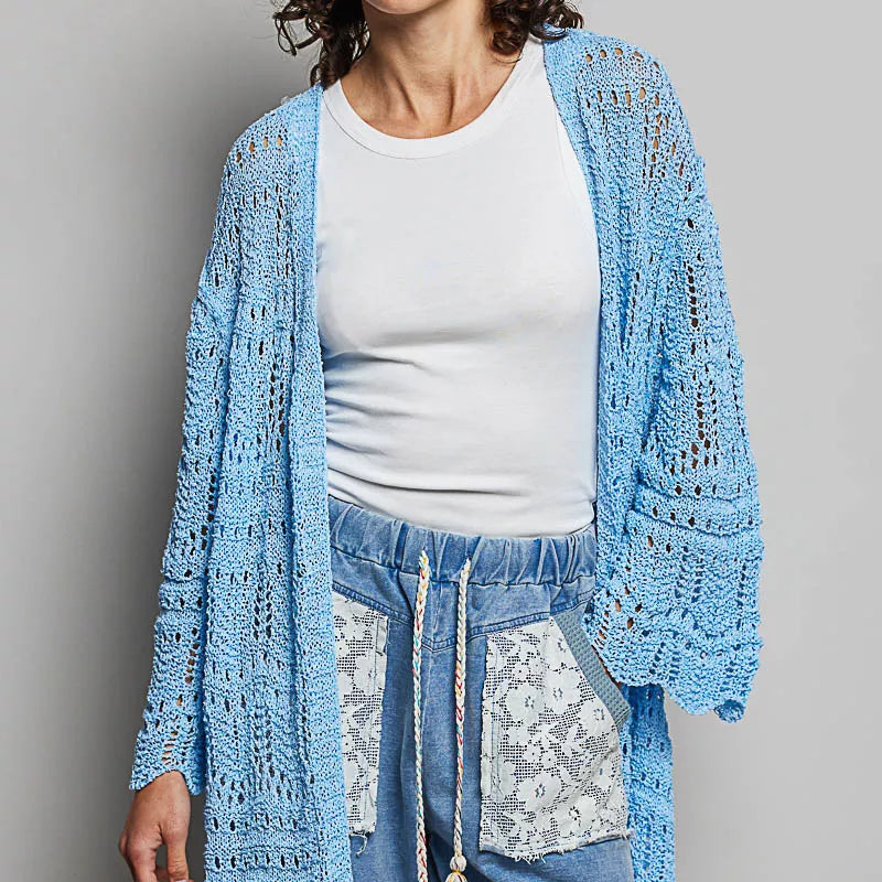 POL Openwork Lightweight Open Front Cardigan with Scalloped Edge on Simply Obsessed