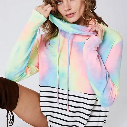 BiBi Tie Dye French Terry Cowl Neck Top on Simply Obsessed