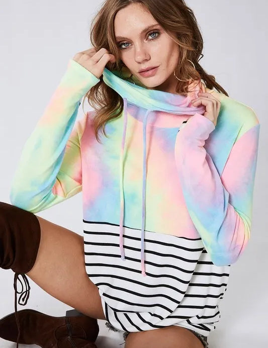 BiBi Tie Dye French Terry Cowl Neck Top on Simply Obsessed