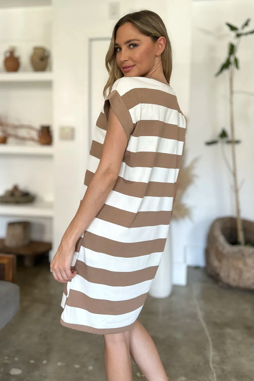 BASIC BAE Full Size Striped Round Neck Cap Sleeve Mini Dress on Simply Obsessed