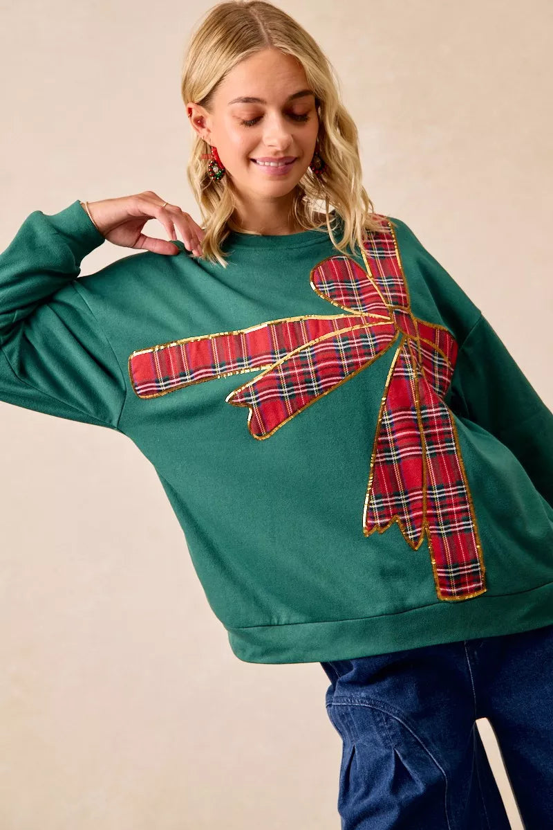 BIBI Plaid Ribbon Bow Detail Christmas Fleece Pullover on Simply Obsessed