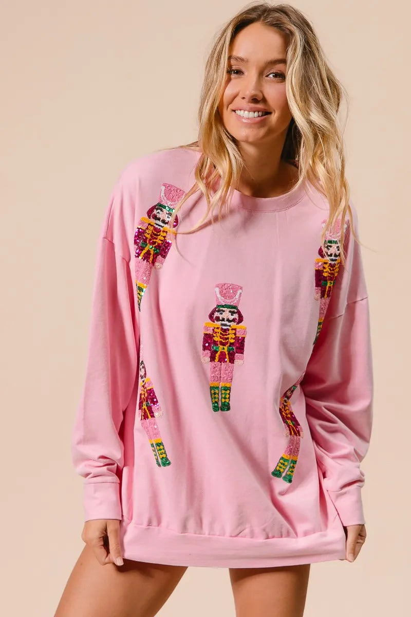 BIBI Sequin Nutcrackers Embroidery Christmas Sweatshirt on Simply Obsessed