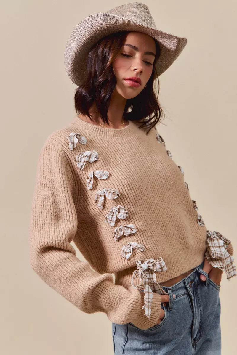 SO ME Checkered Plaid Tape Lace Up Ribbed Sweater on Simply Obsessed