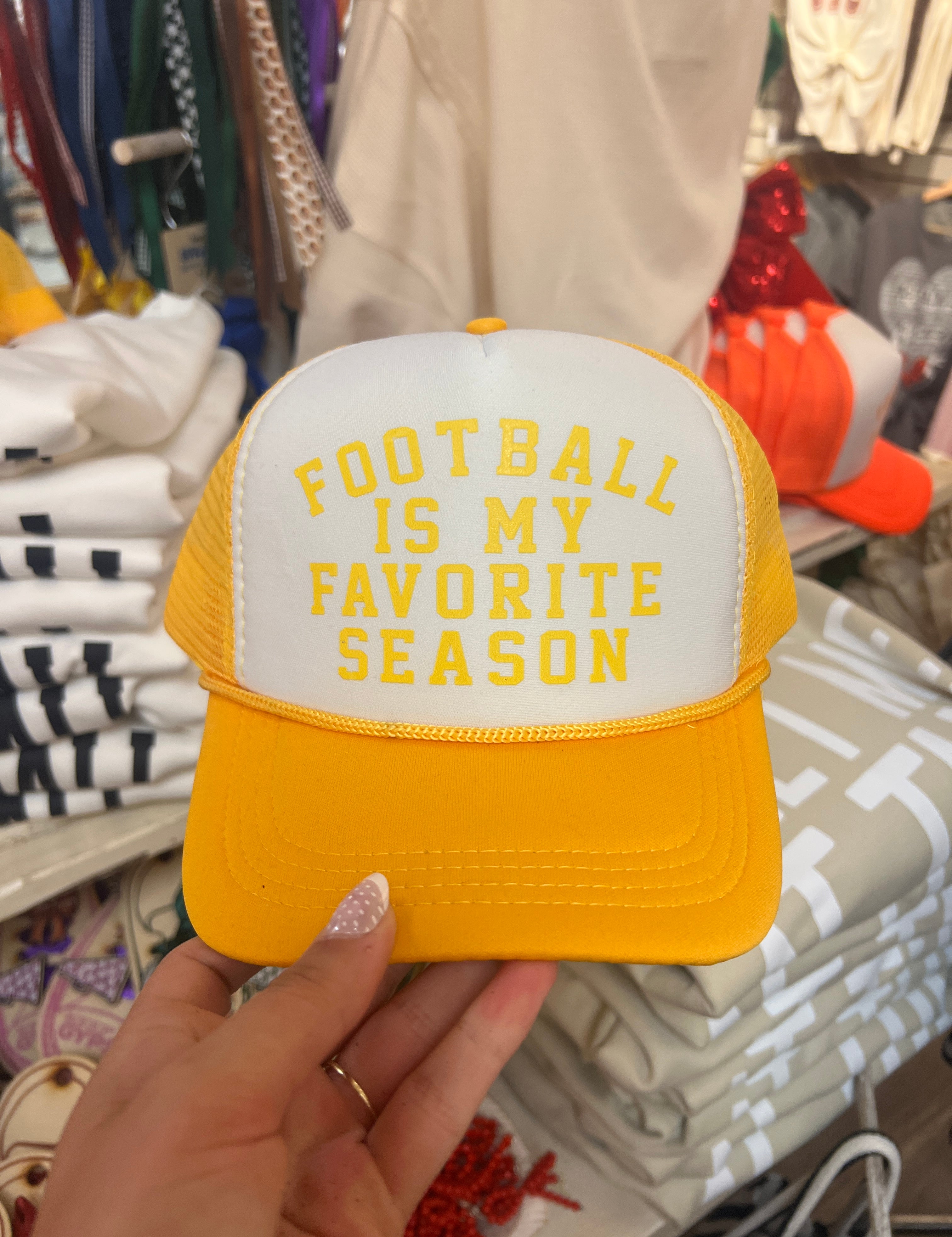 KIG Football Is My Favorite Season Yellow Trucker Hat on Simply Obsessed