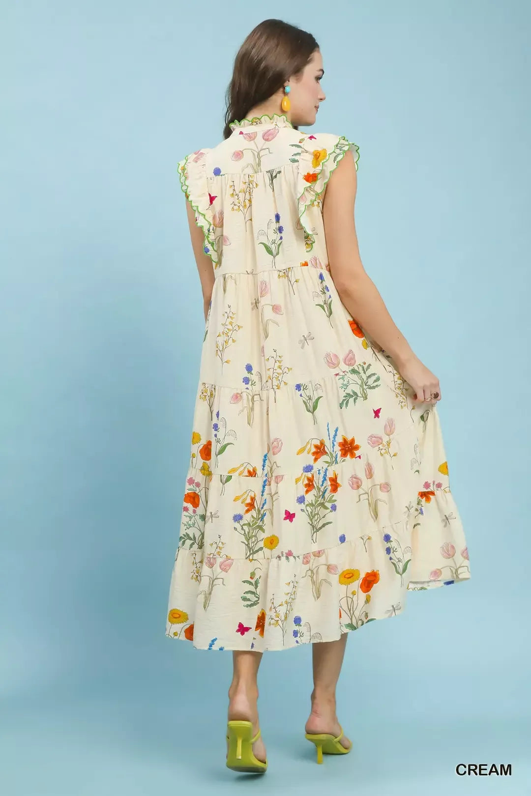 UMGEE Floral Ruffle Tiered Midi Dress with Scalloped Detail on Simply Obsessed