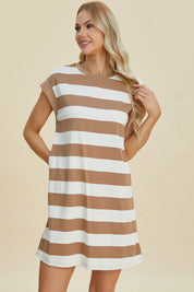 BASIC BAE Full Size Striped Round Neck Cap Sleeve Mini Dress on Simply Obsessed