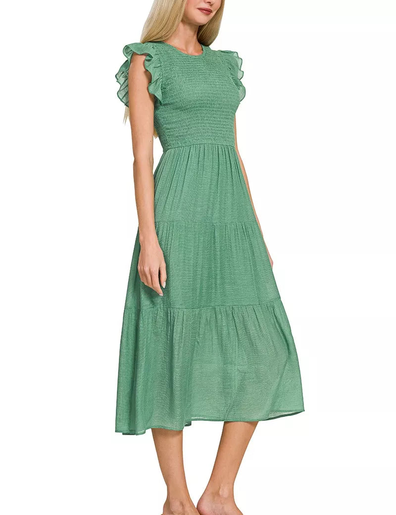 Zenana Woven Smocked Ruffle Sleeve Midi Dress on Simply Obsessed