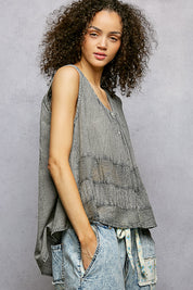 POL Button Down Round Neck Tank with Crochet Contrast on Simply Obsessed