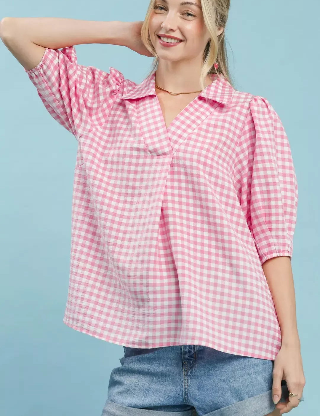 UMGEE Gingham Puff Sleeve Collared Blouse on Simply Obsessed