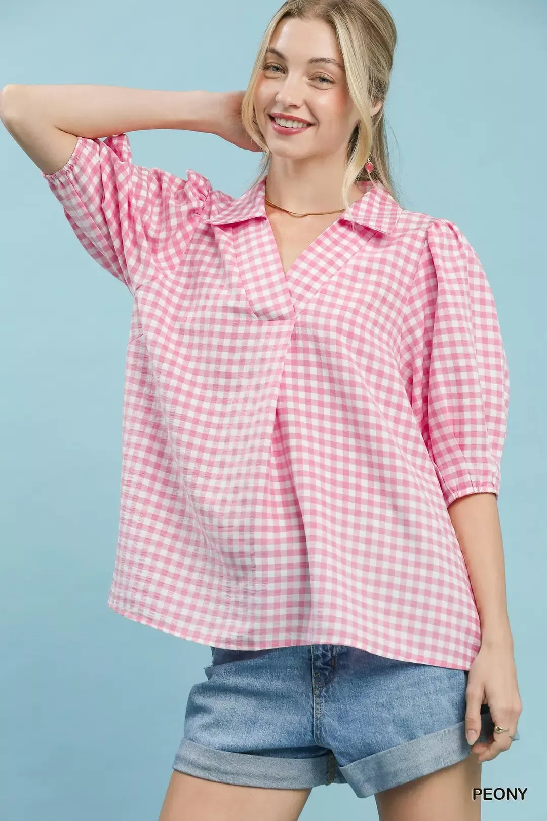 UMGEE Gingham Puff Sleeve Collared Blouse on Simply Obsessed