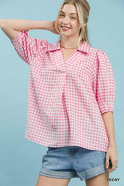 UMGEE Gingham Puff Sleeve Collared Blouse on Simply Obsessed