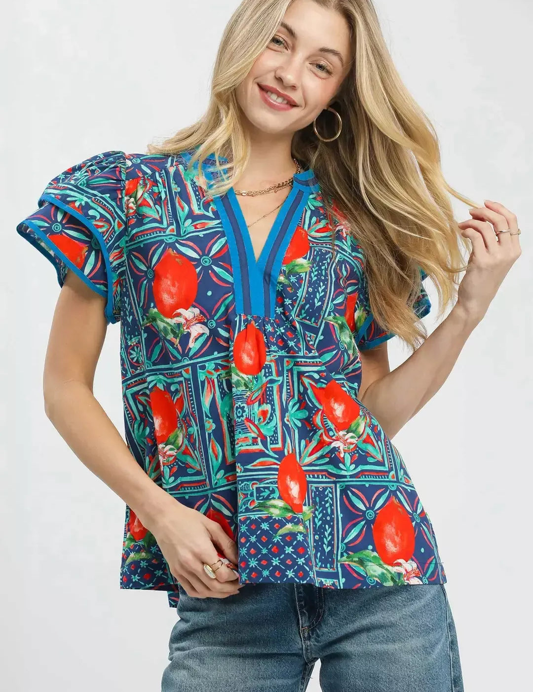 UMGEE Abstract Print Flutter Sleeve Blouse on Simply Obsessed