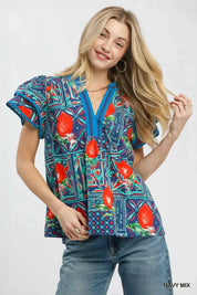 UMGEE Abstract Print Flutter Sleeve Blouse on Simply Obsessed