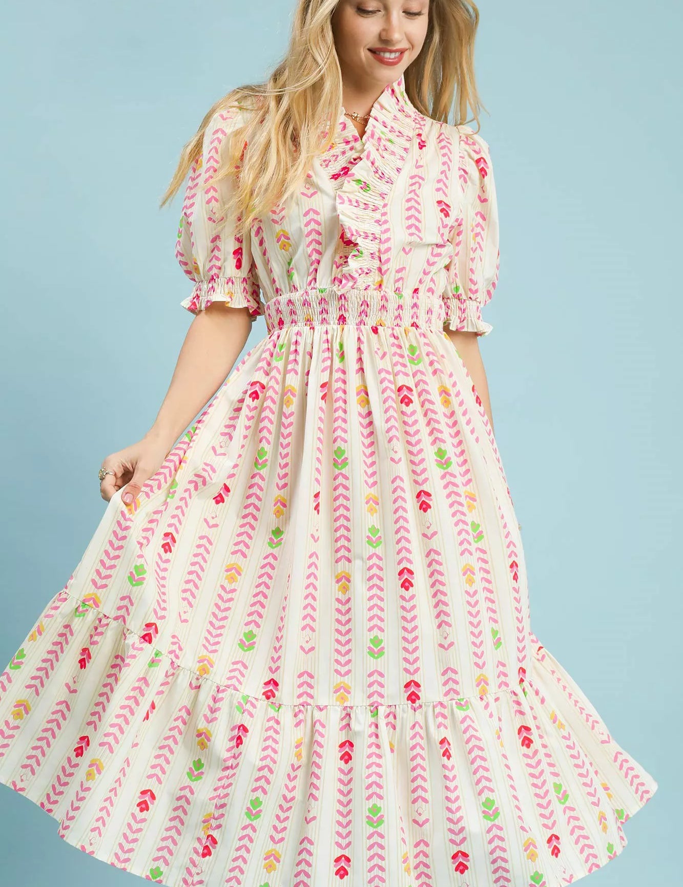 UMGEE Vibrant Ruffle Smocked Midi Dress on Simply Obsessed