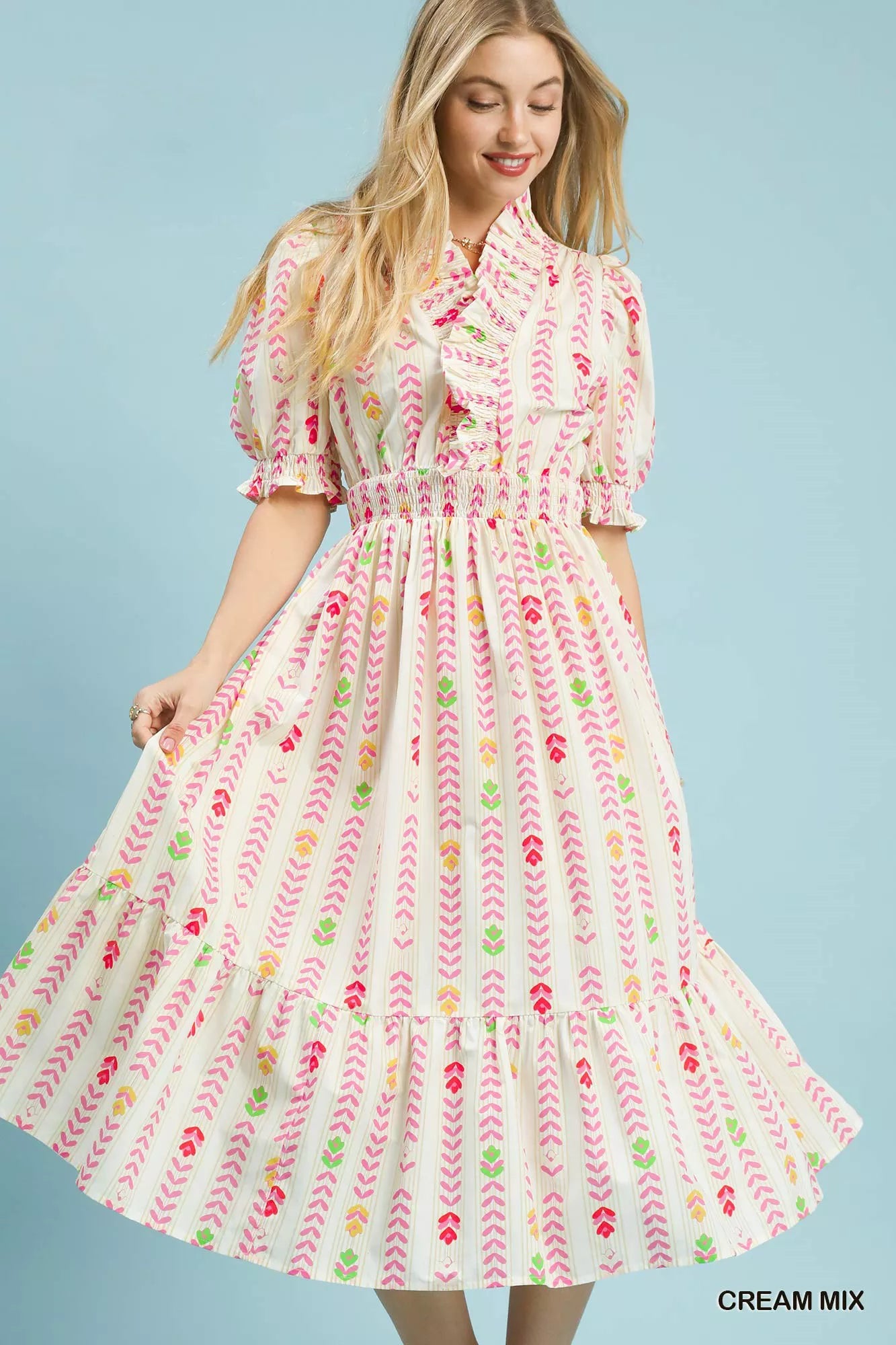 UMGEE Vibrant Ruffle Smocked Midi Dress on Simply Obsessed
