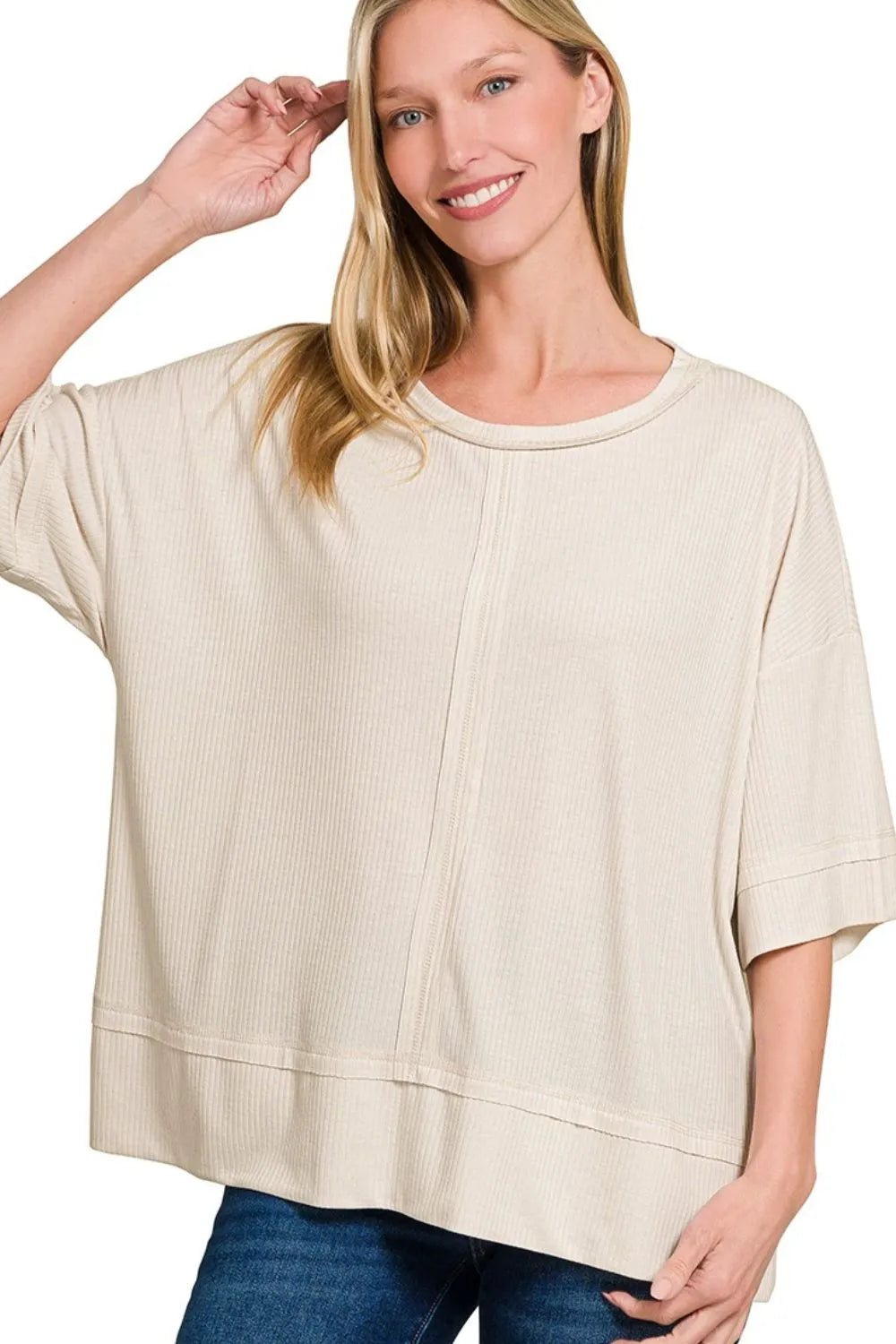 ZENANA Ribbed Boat Neck 3/4 Sleeve Top on Simply Obsessed