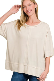 ZENANA Ribbed Boat Neck 3/4 Sleeve Top on Simply Obsessed