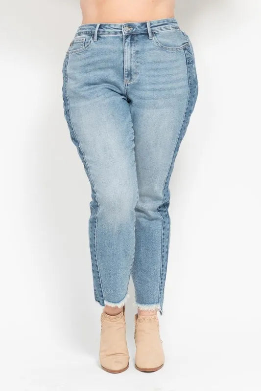 JUDY BLUE Full Size Vintage Wash Side Panel Detail with Fray Hem Slim Plus Size on Simply Obsessed