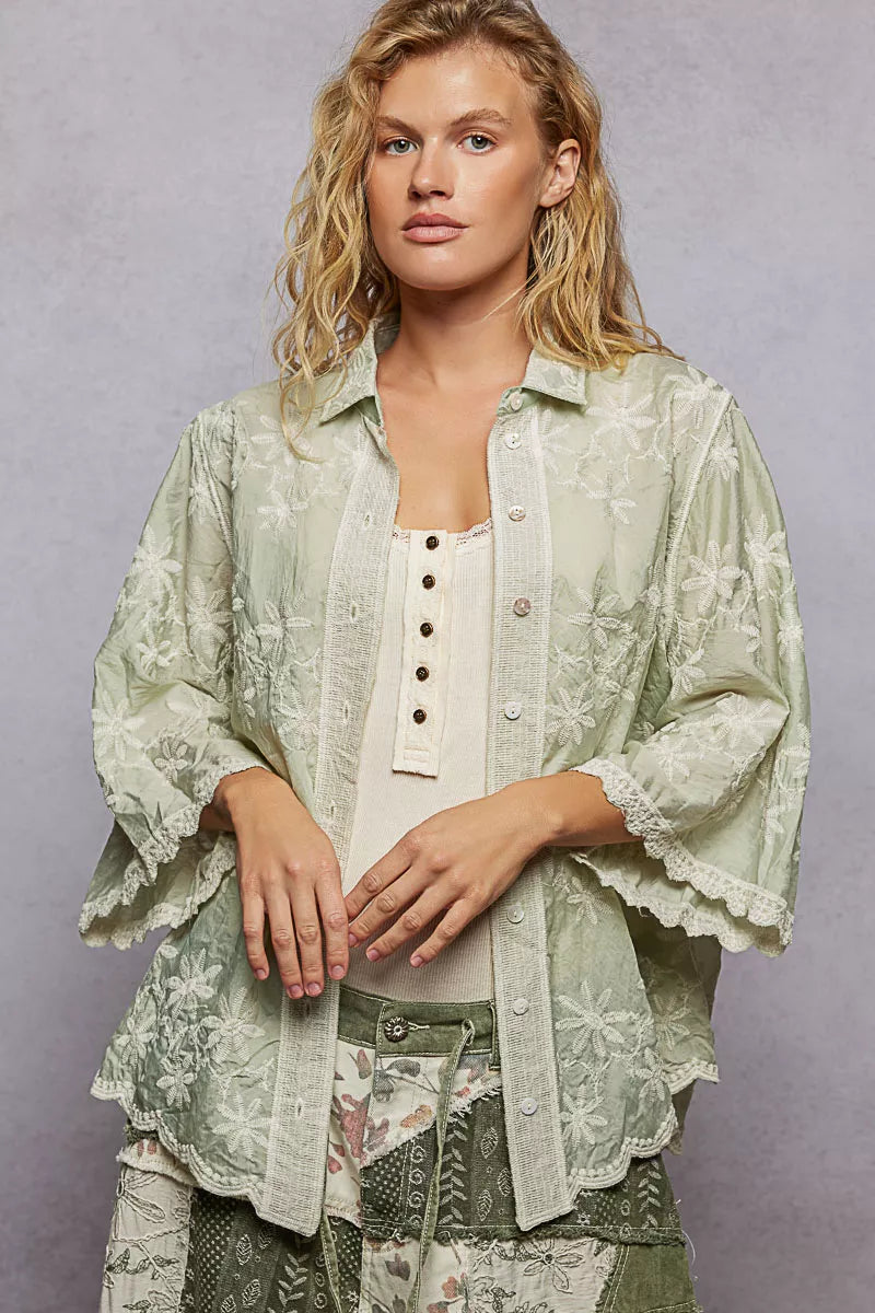 POL Embroidered Floral Collared Neck Shirt with Scalloped Edges on Simply Obsessed