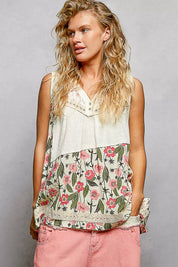 POL Lace Detail Floral V-Neck Tank on Simply Obsessed