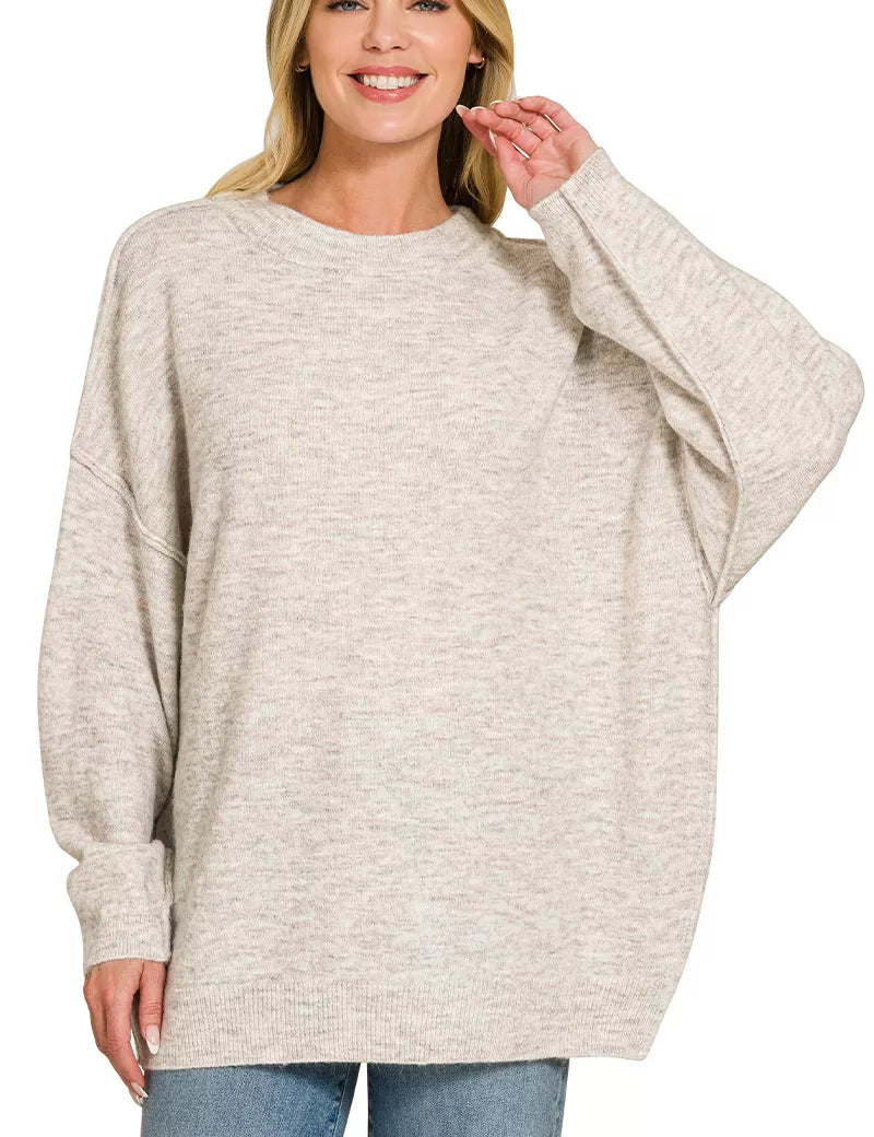 ZENANA Oversized Round Neck Exposed Seam Melange Sweater on Simply Obsessed