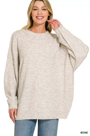 ZENANA Oversized Round Neck Exposed Seam Melange Sweater on Simply Obsessed