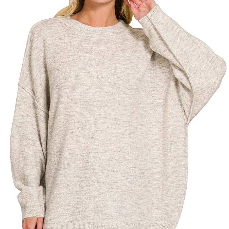 ZENANA Oversized Round Neck Exposed Seam Melange Sweater on Simply Obsessed