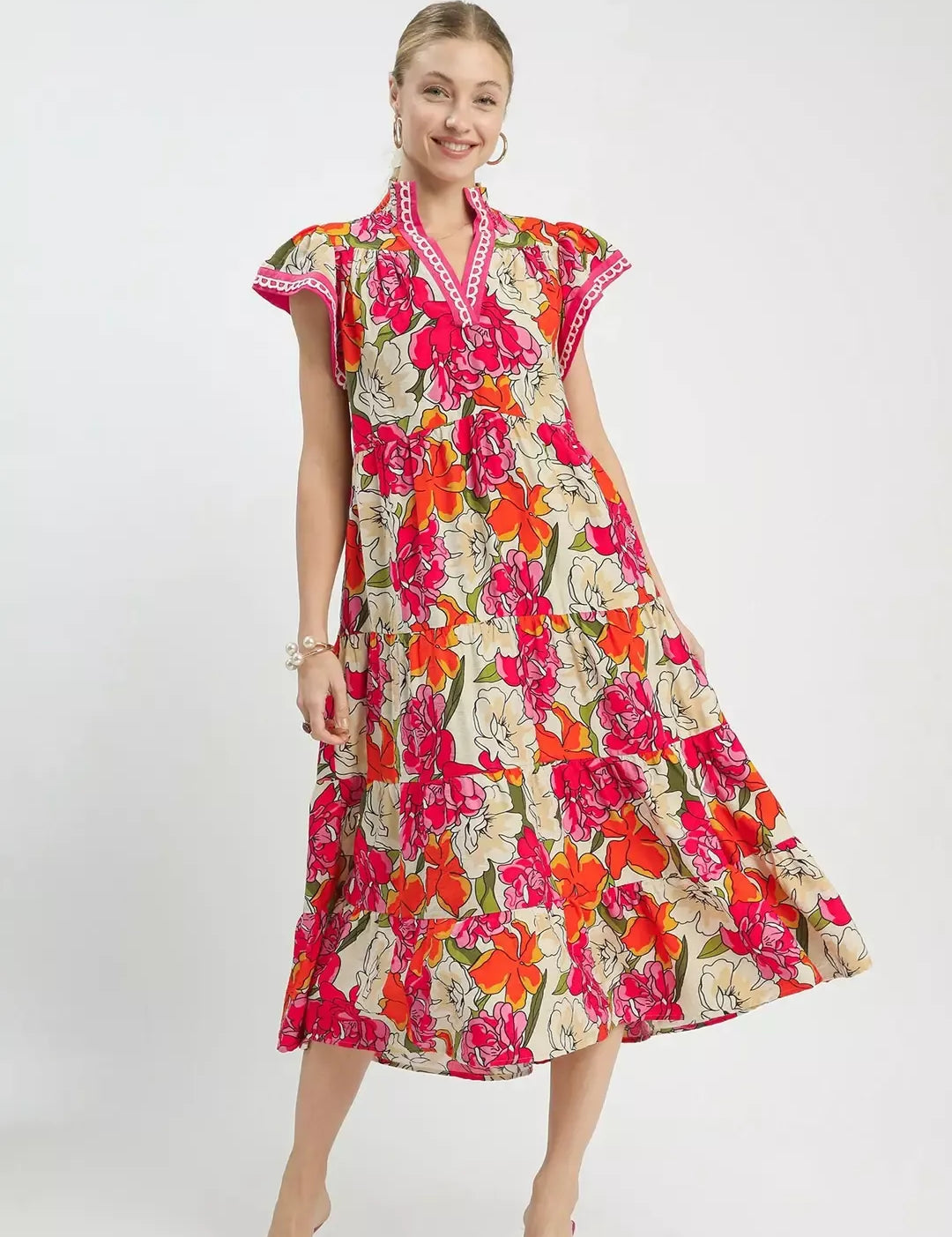 UMGEE Mix Bold Floral Tiered Midi Dress on Simply Obsessed