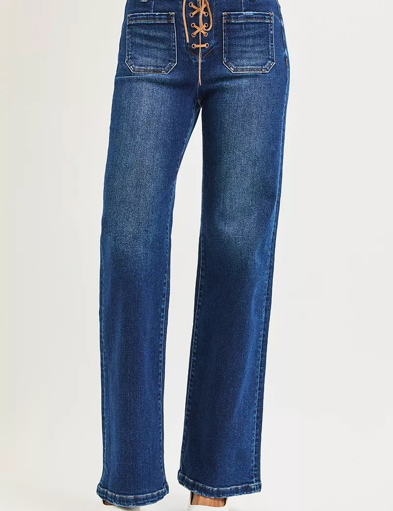 RISEN Full Size High Rise Wide Leg Jeans with Front Tie Detail Plus Size on Simply Obsessed