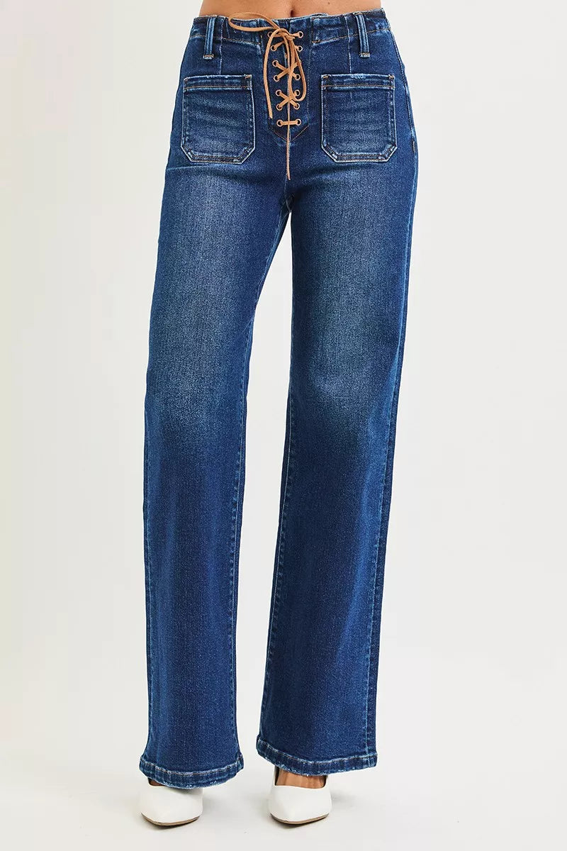 RISEN Full Size High Rise Wide Leg Jeans with Front Tie Detail Plus Size on Simply Obsessed