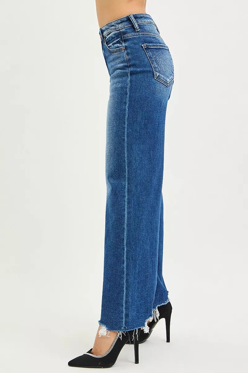 RISEN High Rise Wide Leg Jeans with Distressed Hem on Simply Obsessed