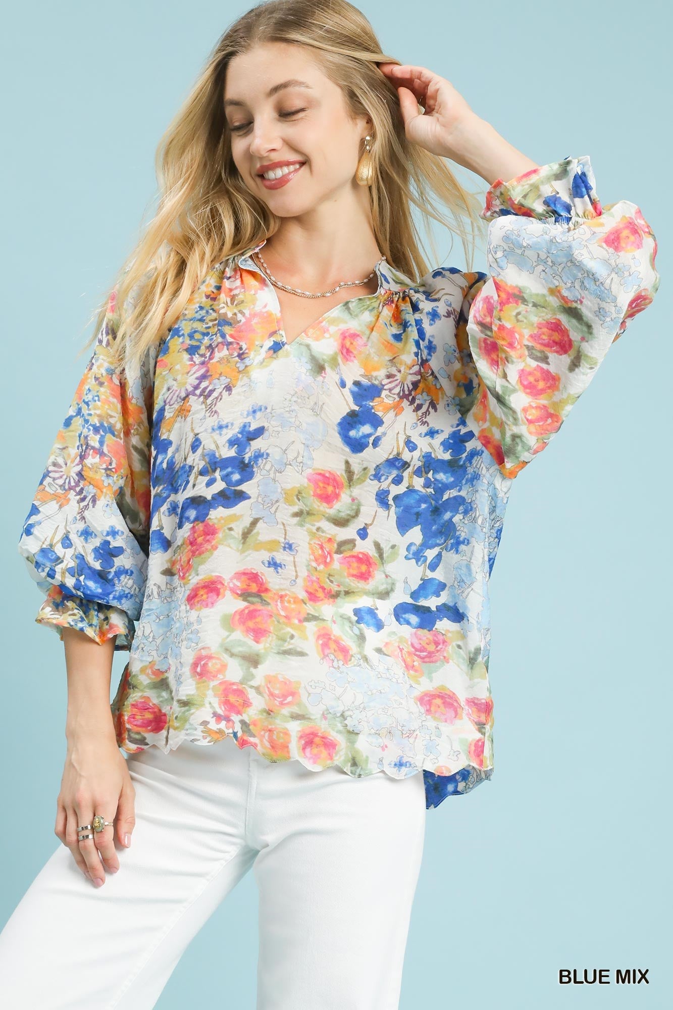UMGEE Watercolor Floral Blouse with Flounce Sleeve on Simply Obsessed
