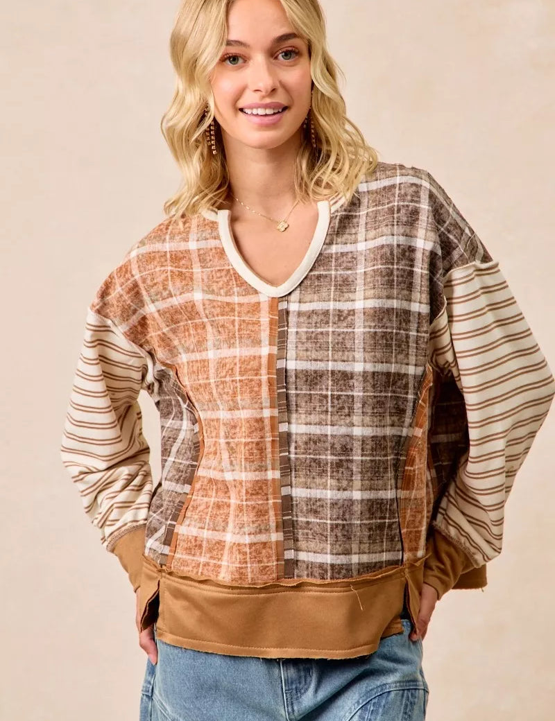 BiBi Plaid And Stripe Mix And Match Top With Open Seam on Simply Obsessed