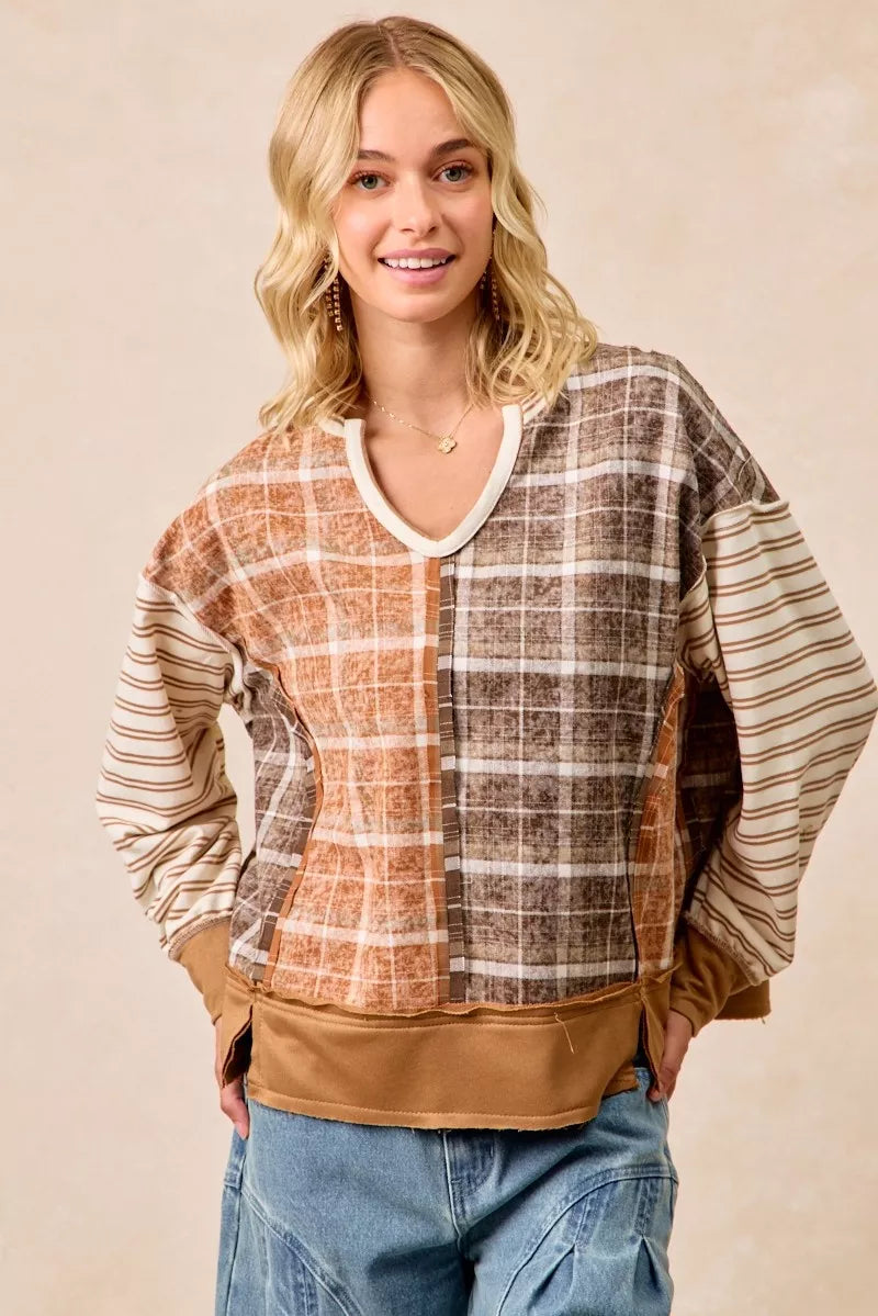 BiBi Plaid And Stripe Mix And Match Top With Open Seam on Simply Obsessed