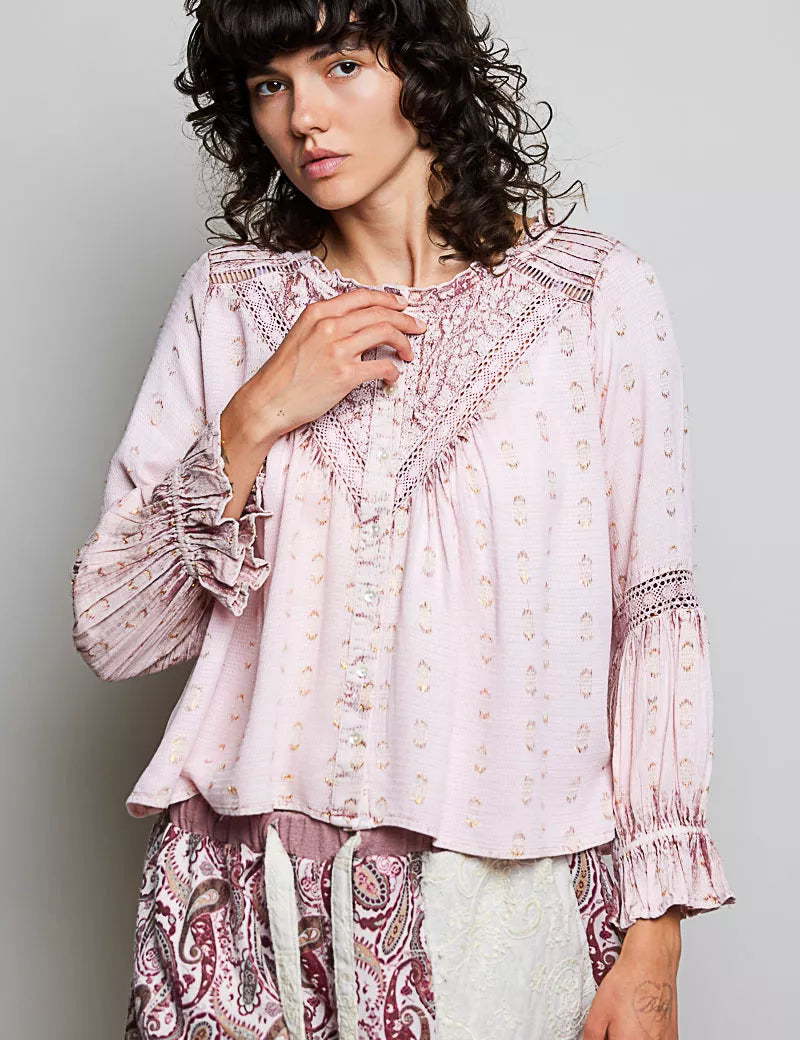 POL Mixed-Pattern Lace Detail Blouse on Simply Obsessed