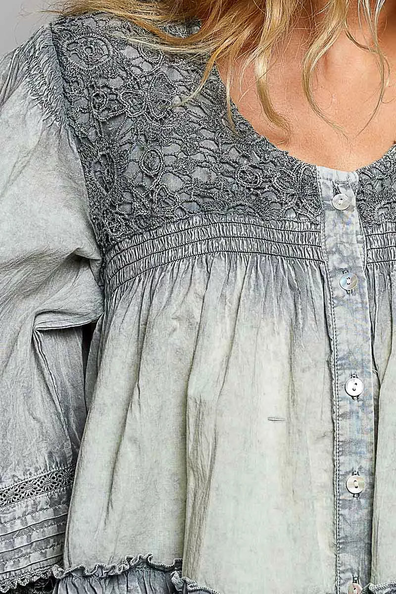 POL Washed Layered Lace Pintuck Flared Woven Blouse on Simply Obsessed