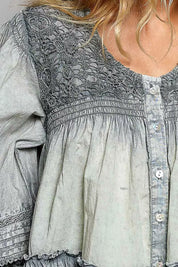 POL Washed Layered Lace Pintuck Flared Woven Blouse on Simply Obsessed