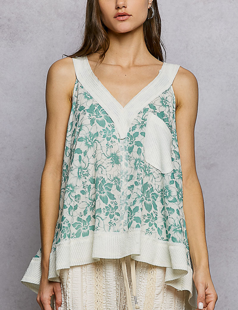 POL Floral V-Neck Tank with Front Pocket on Simply Obsessed