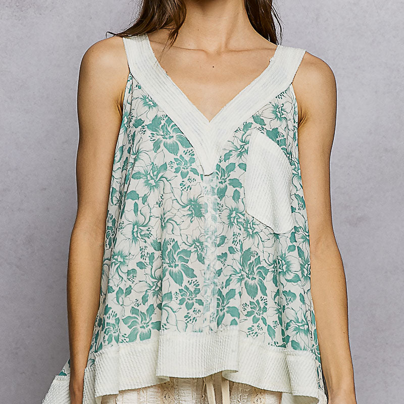 POL Floral V-Neck Tank with Front Pocket on Simply Obsessed