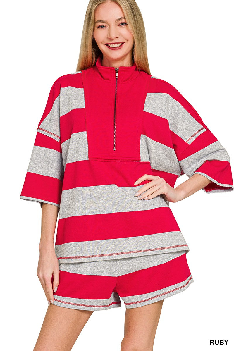 ZENANA Frenchterry Striped Half Zip Top & Shorts Set on Simply Obsessed