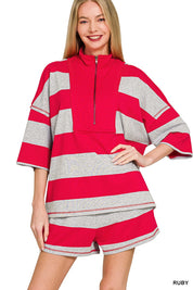 ZENANA Frenchterry Striped Half Zip Top & Shorts Set on Simply Obsessed