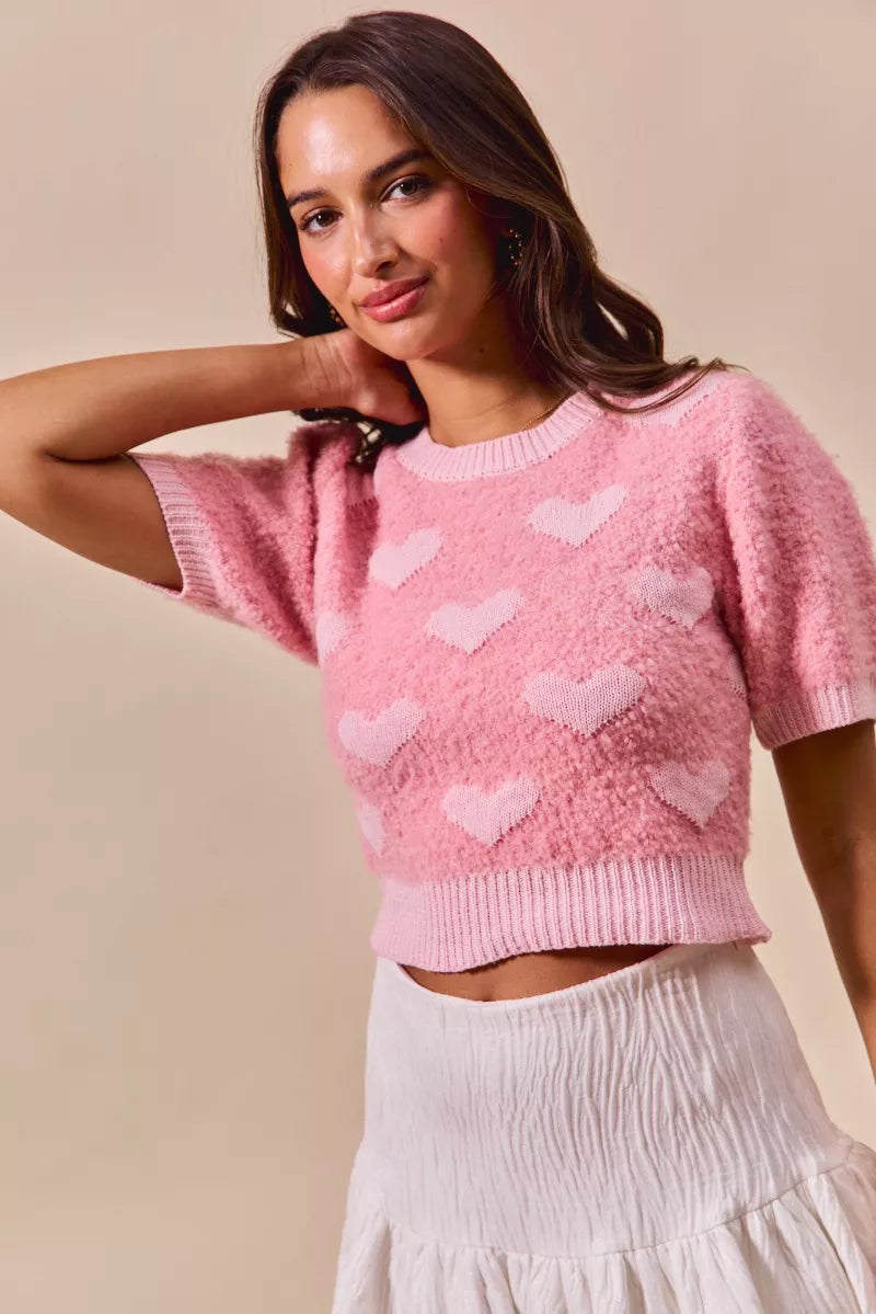SO ME All Over Heart Valentine Cropped Sweater on Simply Obsessed