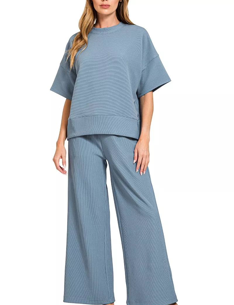 ZENANA Ribbed Round Neck Tee & Pants Set on Simply Obsessed