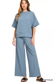 ZENANA Ribbed Round Neck Tee & Pants Set on Simply Obsessed