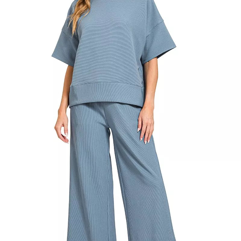 ZENANA Ribbed Round Neck Tee & Pants Set on Simply Obsessed