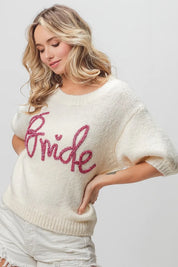 BIBI Metallic Letter Short Puff Sleeve Hairy Sweater on Simply Obsessed